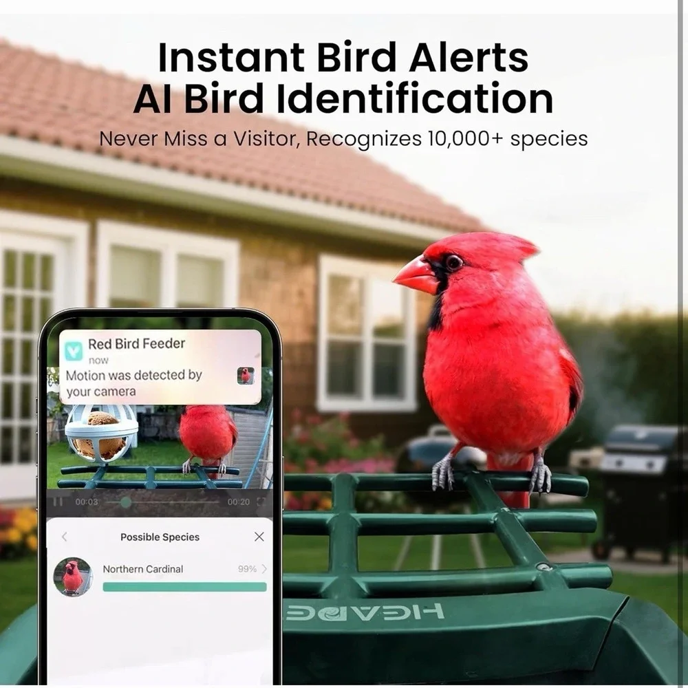 Smart Bird Feeder with Camera Solar Powered, 2K HD Video, AI Bird Species Identi